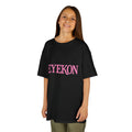 EYEKON Kids Tee, pink block text logo | white cotton shirt