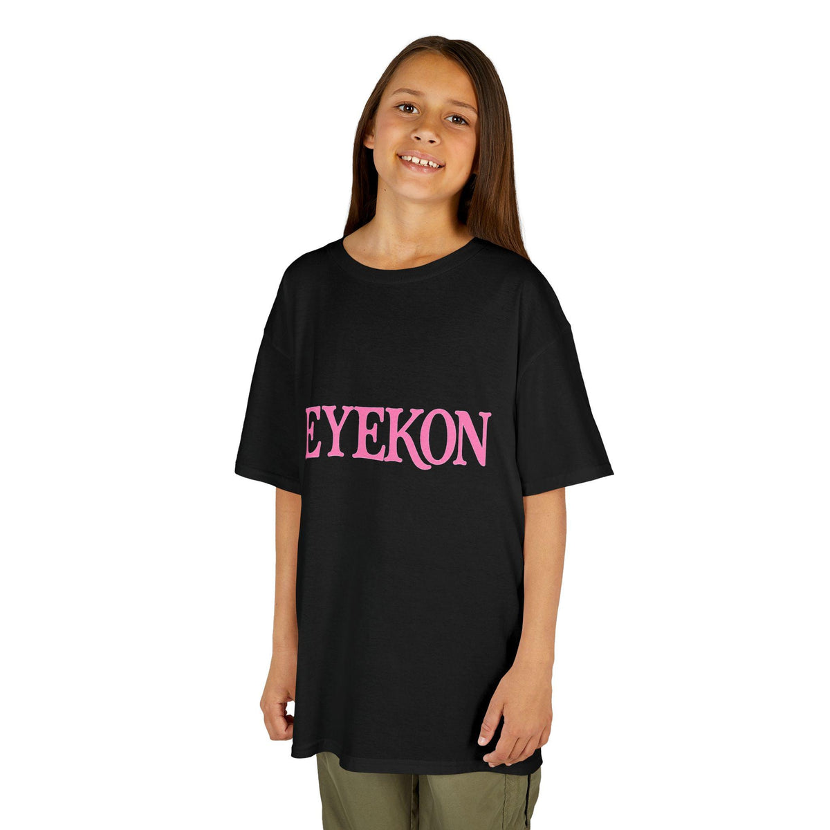 EYEKON Kids Tee, pink block text logo | white cotton shirt