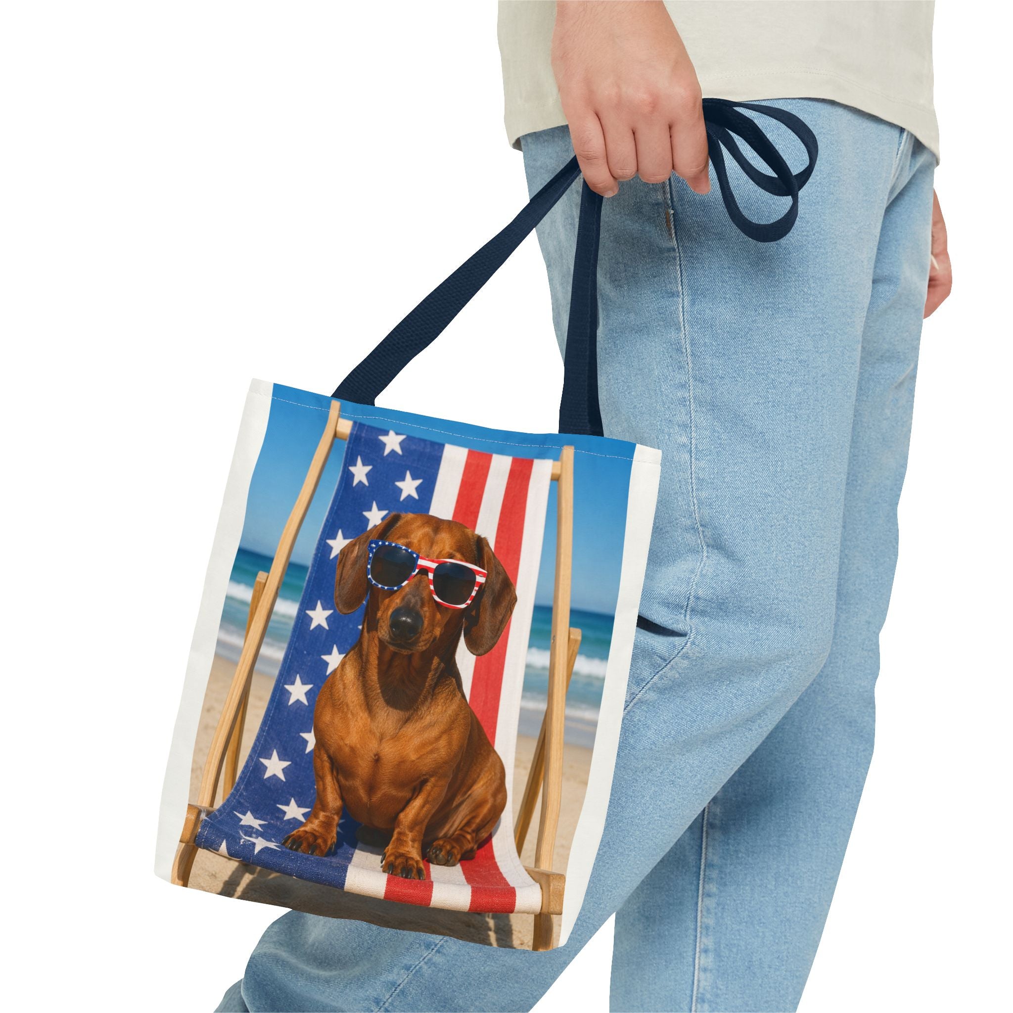 Patriotic Dachshund Tote Bag — 4th of July Beach Dog Tote with American Flag Sunglasses