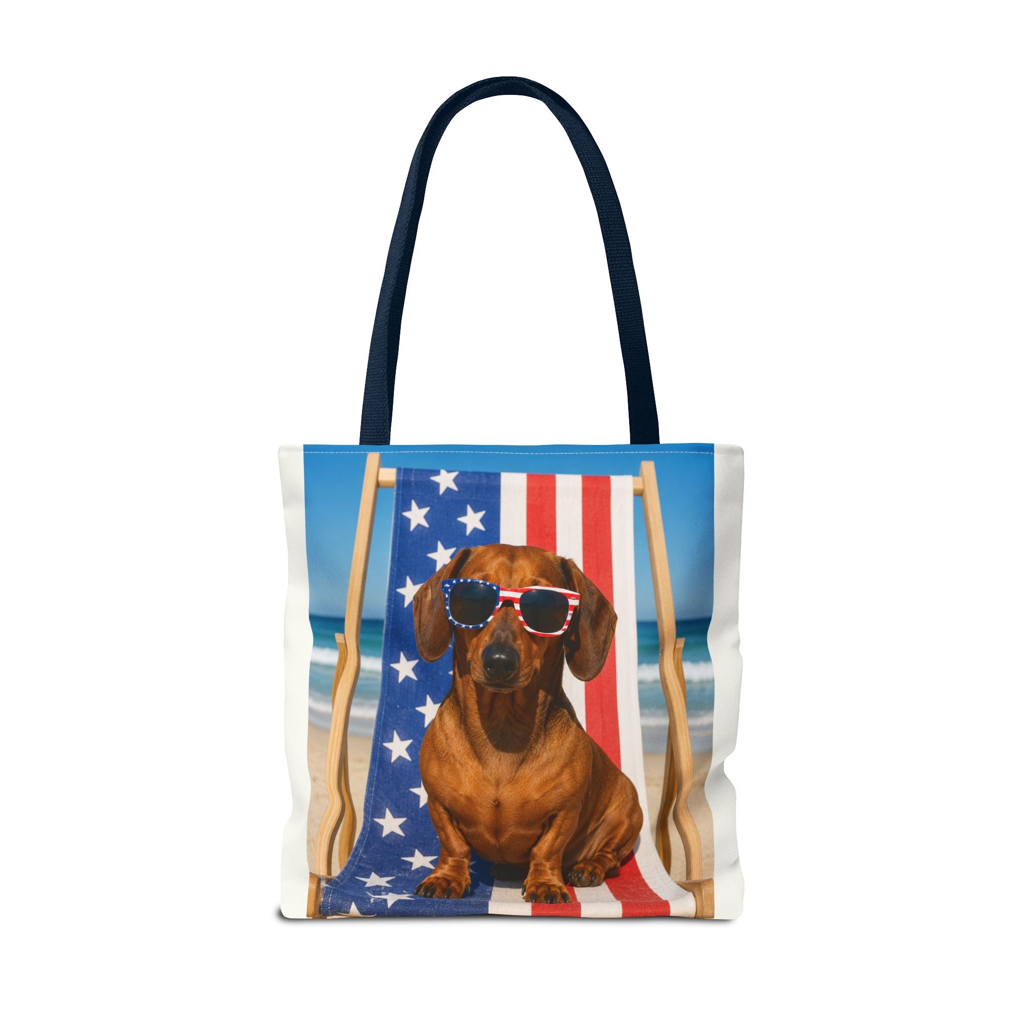 Patriotic Dachshund Tote Bag — 4th of July Beach Dog Tote with American Flag Sunglasses