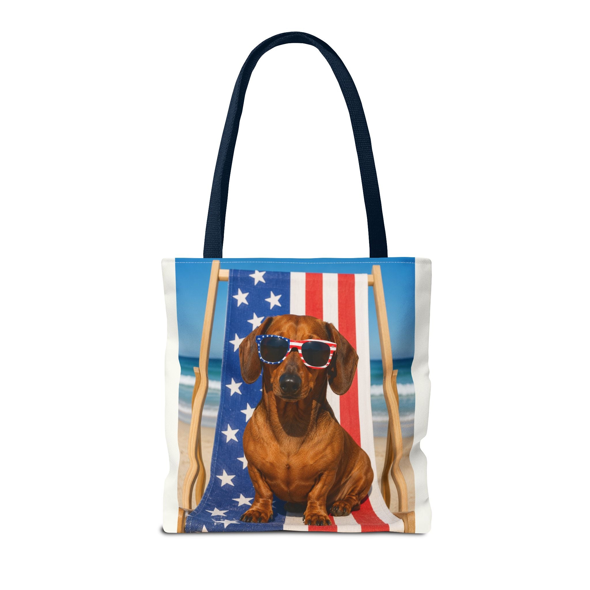 Patriotic Dachshund Tote Bag — 4th of July Beach Dog Tote with American Flag Sunglasses
