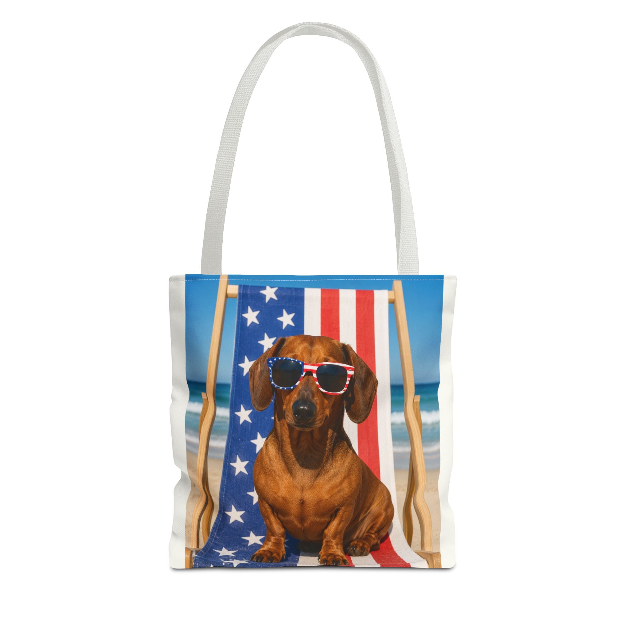 Patriotic Dachshund Tote Bag — 4th of July Beach Dog Tote with American Flag Sunglasses
