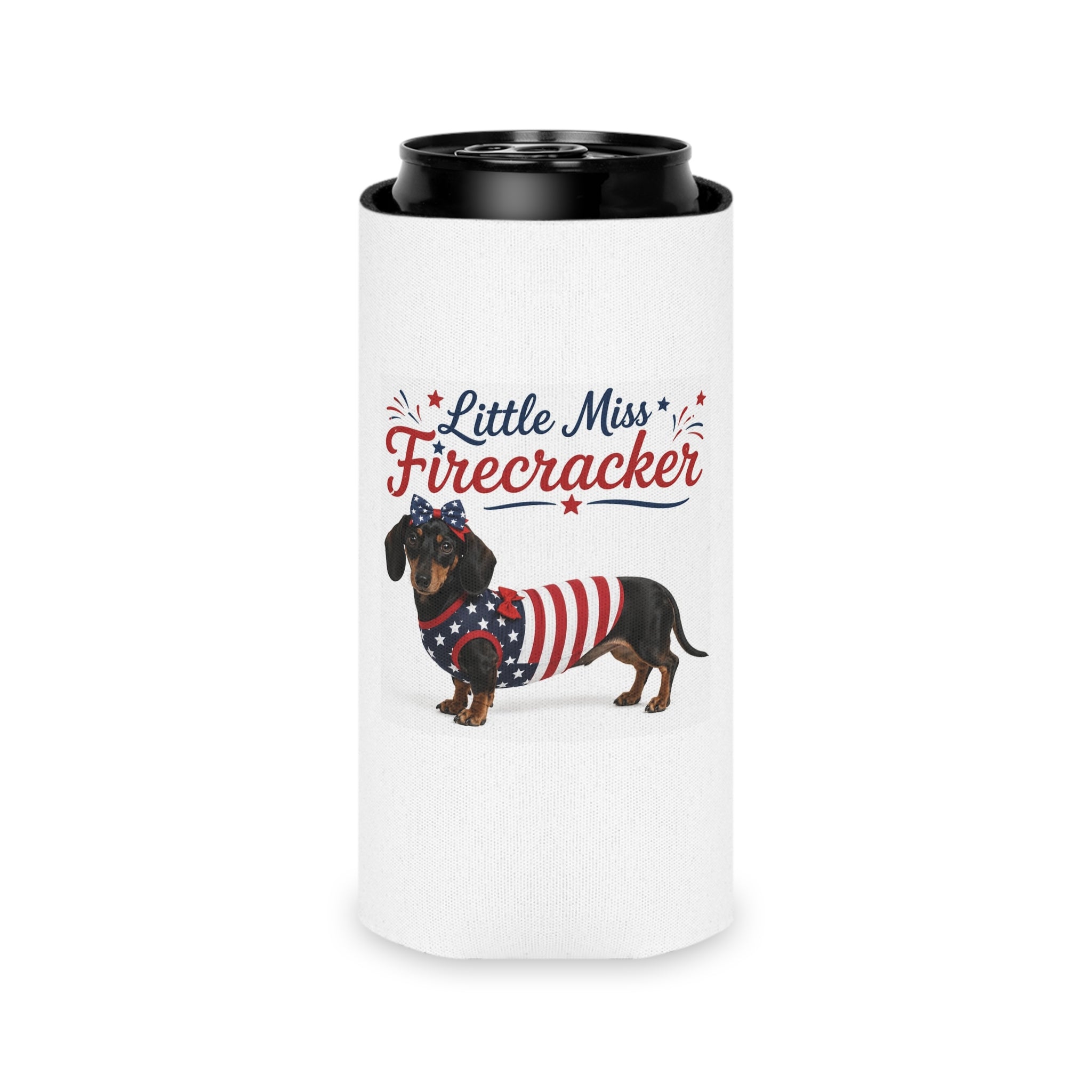 Little Miss Firecracker Can Cooler | Patriotic Dachshund, Fourth of July