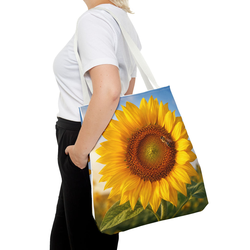 Sunflower with Bee Tote Bag, Sunflower Lovers Gift, Sunflower Grocery Bag, Beach Bag, Bright Floral Nature Print