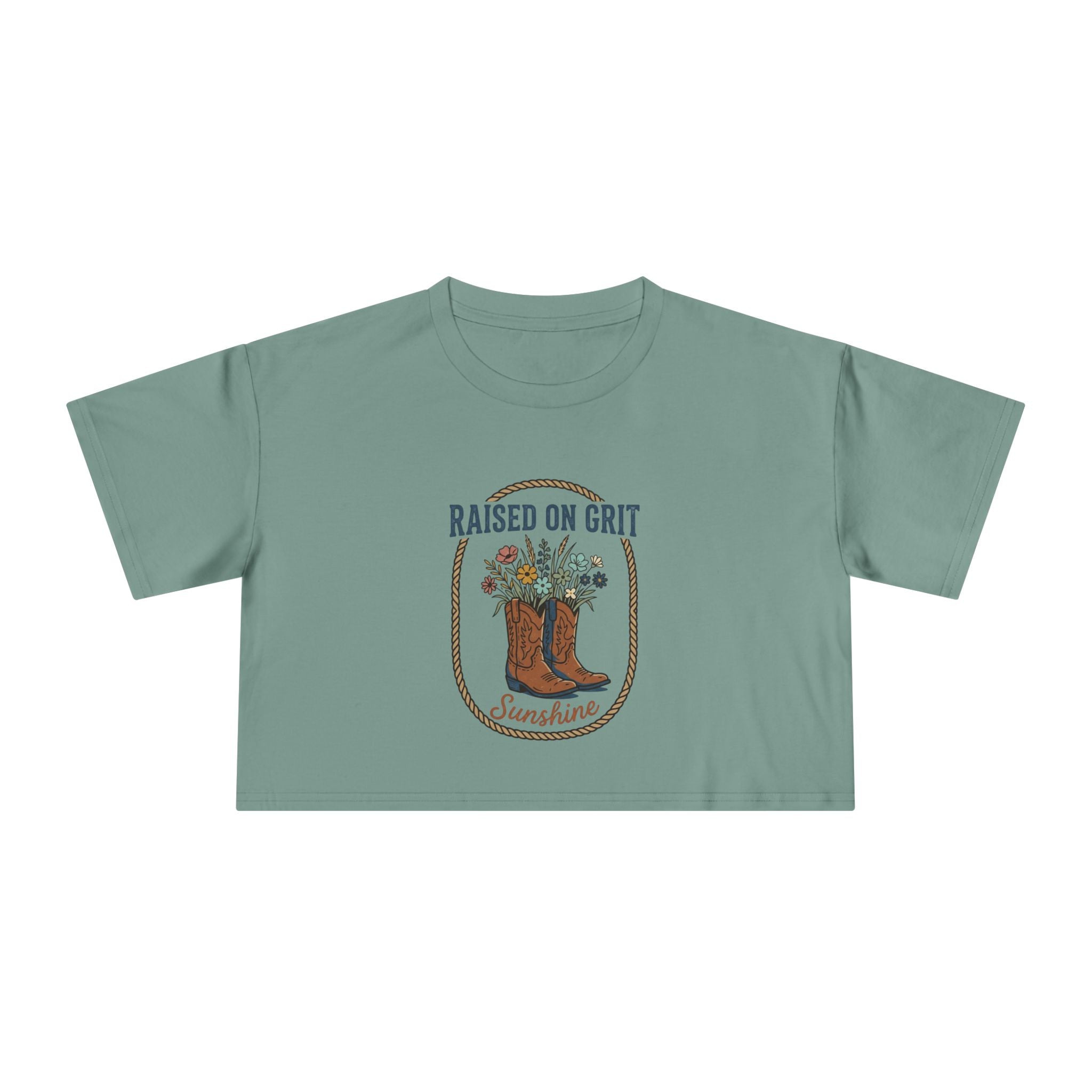 Raised on Grit Sunshine cowboy boots floral graphic Crop Tee | Western farmhouse style