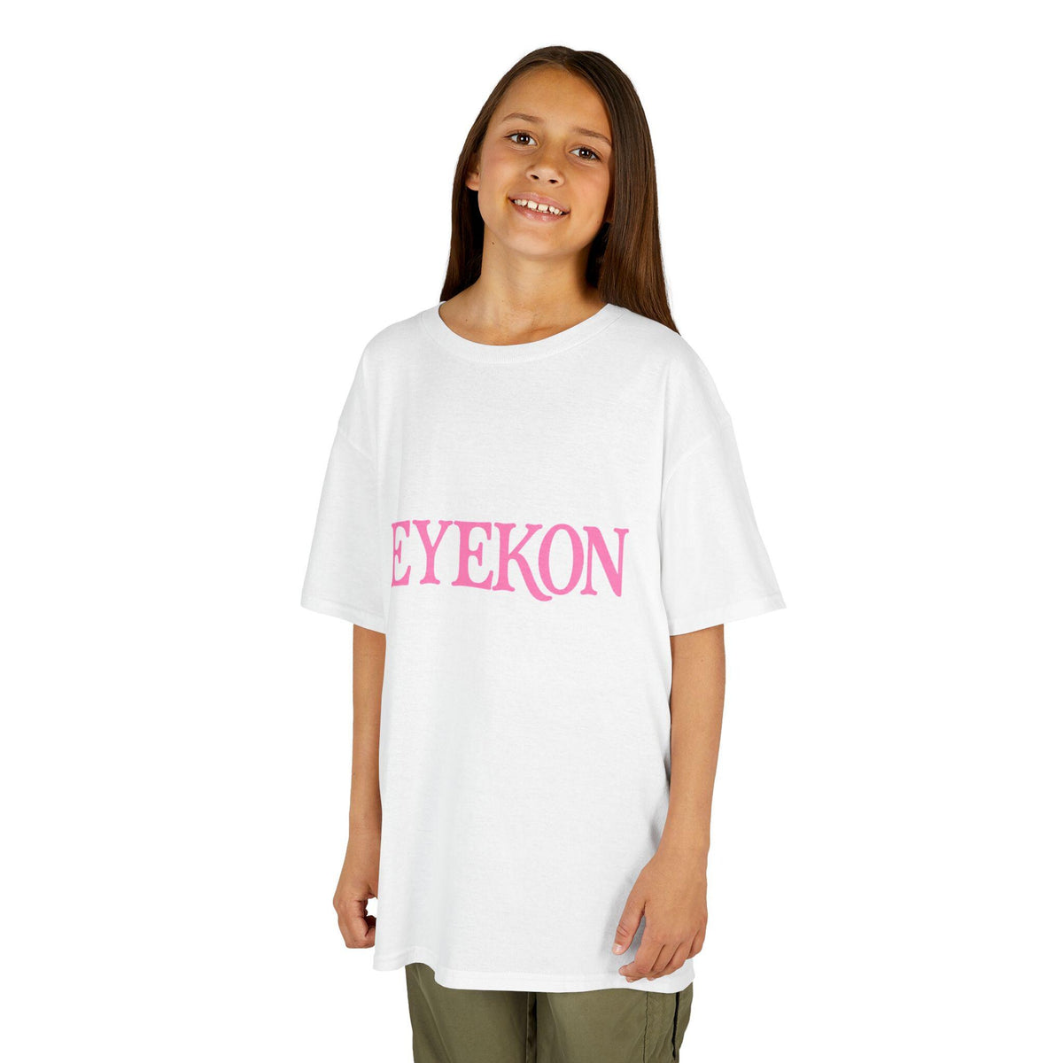 EYEKON Kids Tee, pink block text logo | white cotton shirt