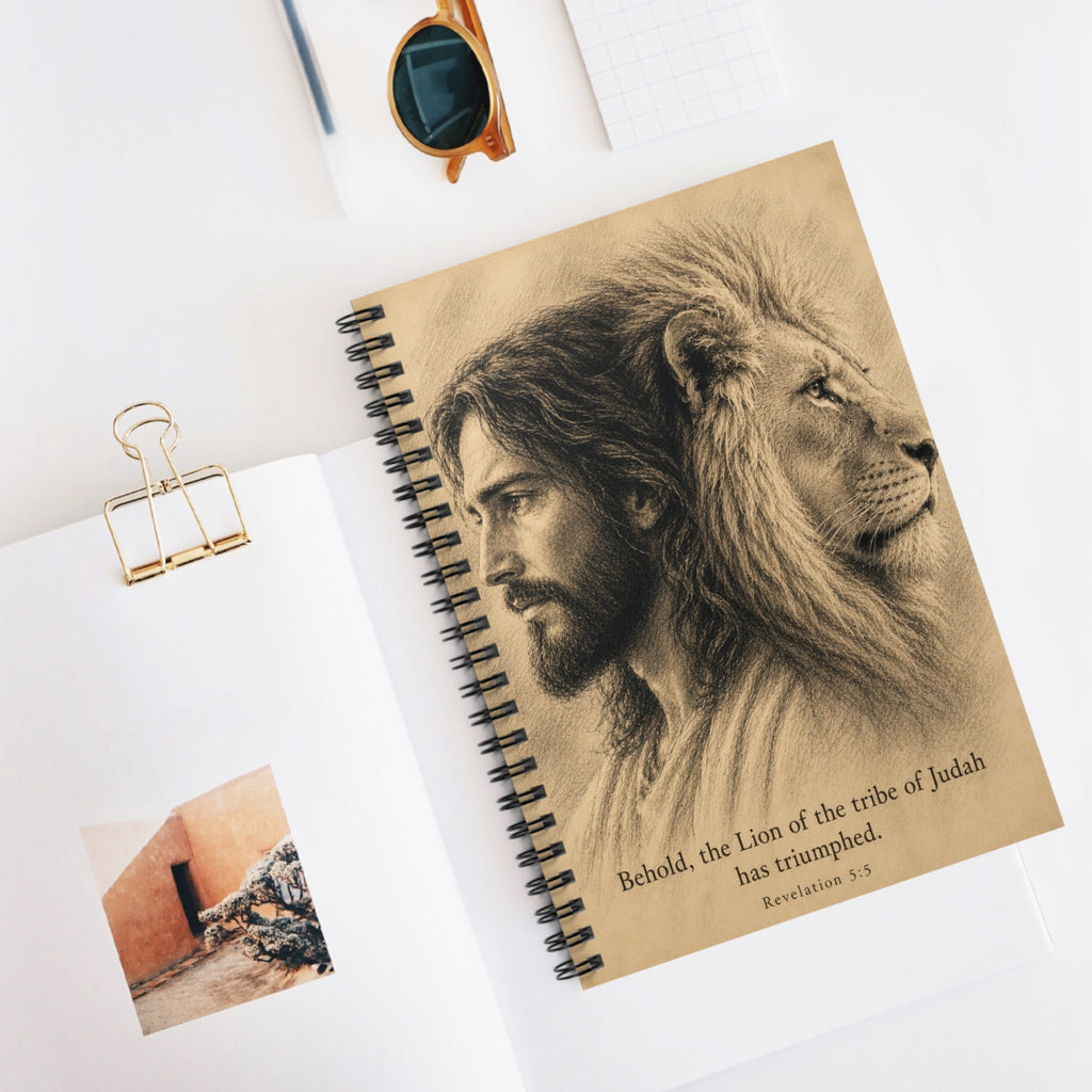 "Behold, the Lion of the tribe of Judah has triumphed" Ruled Journal, Jesus & Lion Spiral Notebook, Christian Notebook, Faith Journal