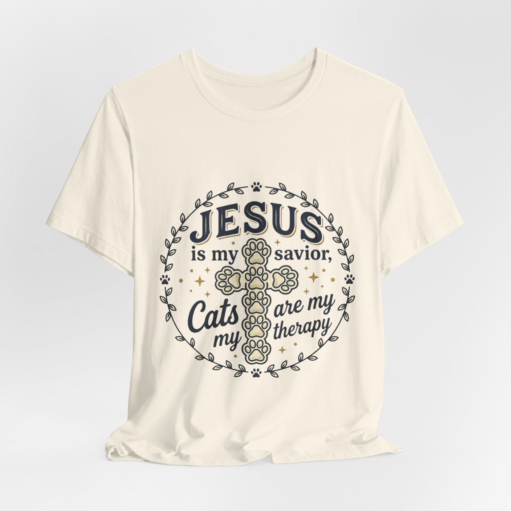 Jesus is my Savior Cats are my Therapy T-Shirt | Faith Cat Tee