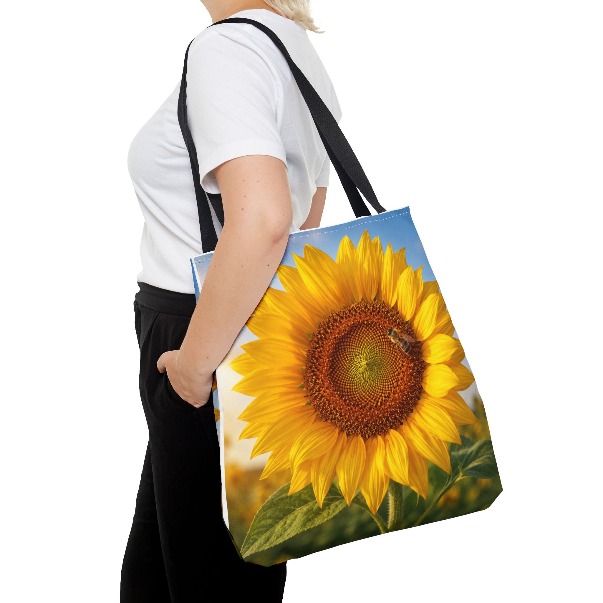 Sunflower with Bee Tote Bag, Sunflower Lovers Gift, Sunflower Grocery Bag, Beach Bag, Bright Floral Nature Print