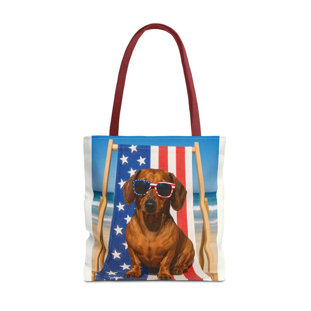 Patriotic Dachshund Tote Bag — 4th of July Beach Dog Tote with American Flag Sunglasses