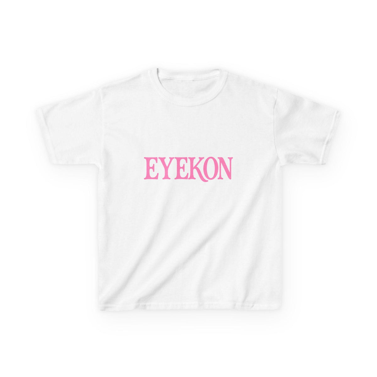 EYEKON Kids Tee, pink block text logo | white cotton shirt