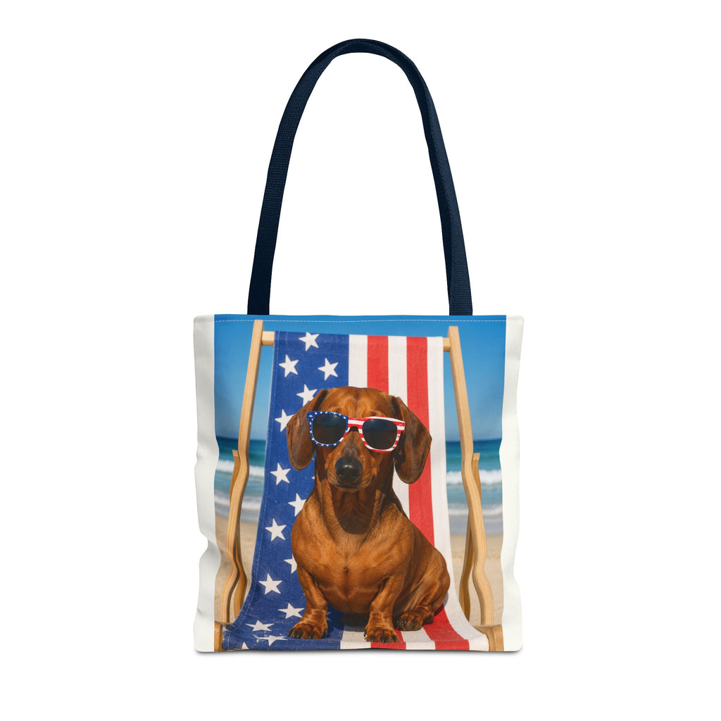 Patriotic Dachshund Tote Bag — 4th of July Beach Dog Tote with American Flag Sunglasses