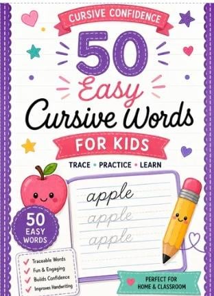 50 Easy Cursive Words for Kids Handwriting Practice Workbook (Digital Download)