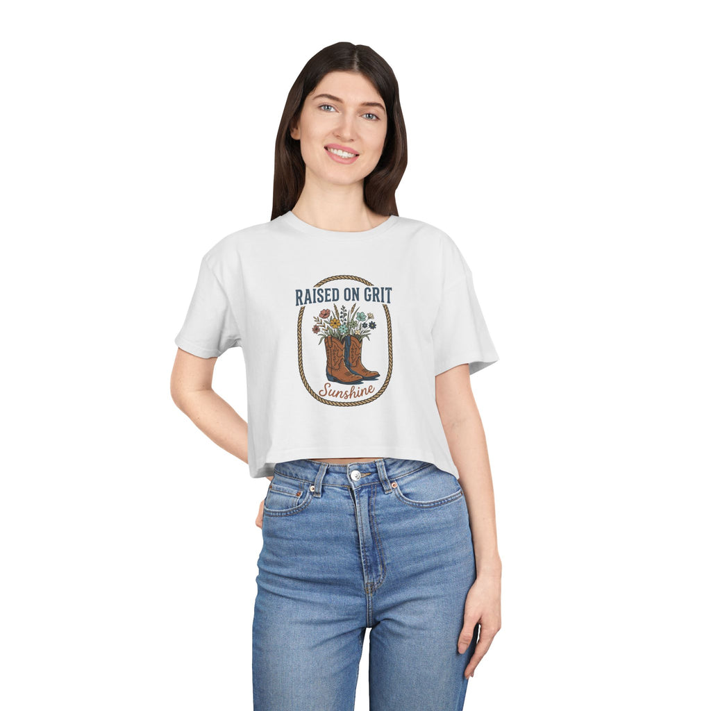 Raised on Grit Sunshine cowboy boots floral graphic Crop Tee | Western farmhouse style