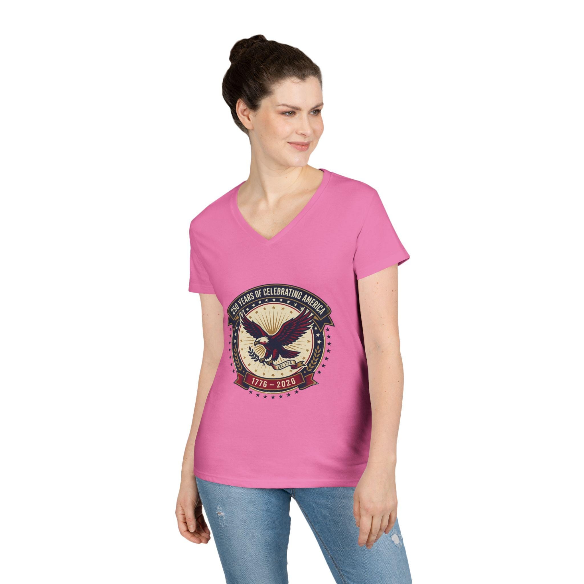 American Eagle Emblem Ladies' V-Neck T-Shirt | Patriotic 1776-2016 Retro Badge