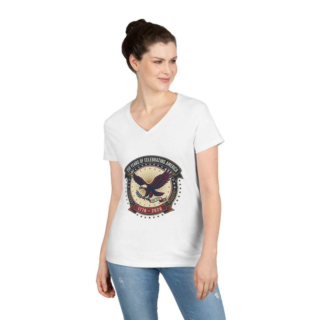 American Eagle Emblem Ladies' V-Neck T-Shirt | Patriotic 1776-2016 Retro Badge