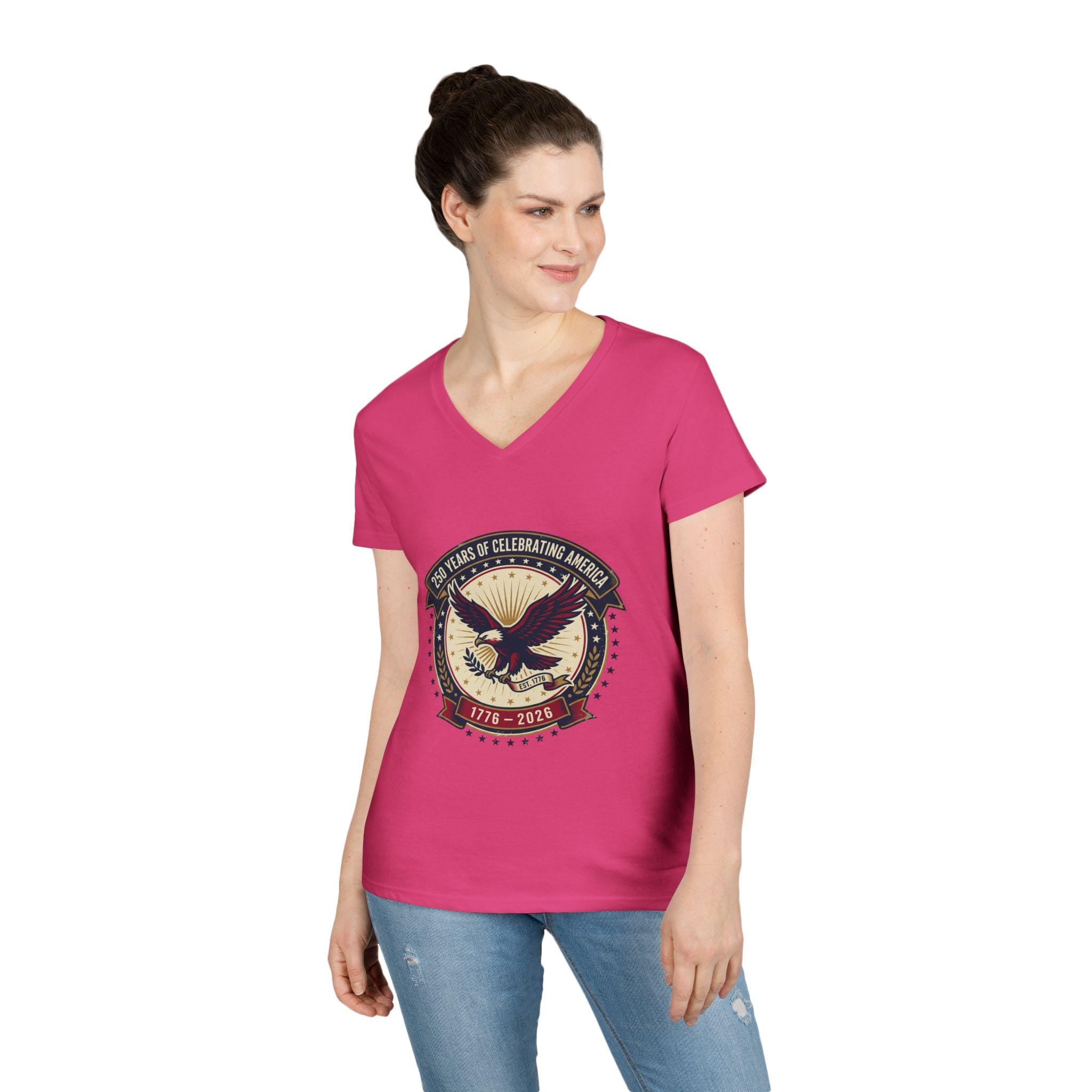 American Eagle Emblem Ladies' V-Neck T-Shirt | Patriotic 1776-2016 Retro Badge