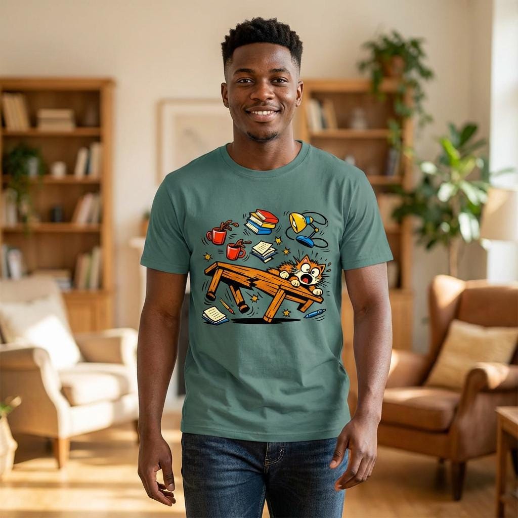 Clumsy Cat Toppling Desk T-Shirt | Falling Books, Coffee, Lamp