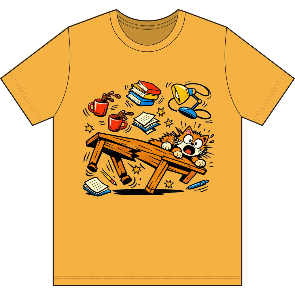 Clumsy Cat Toppling Desk T-Shirt | Falling Books, Coffee, Lamp