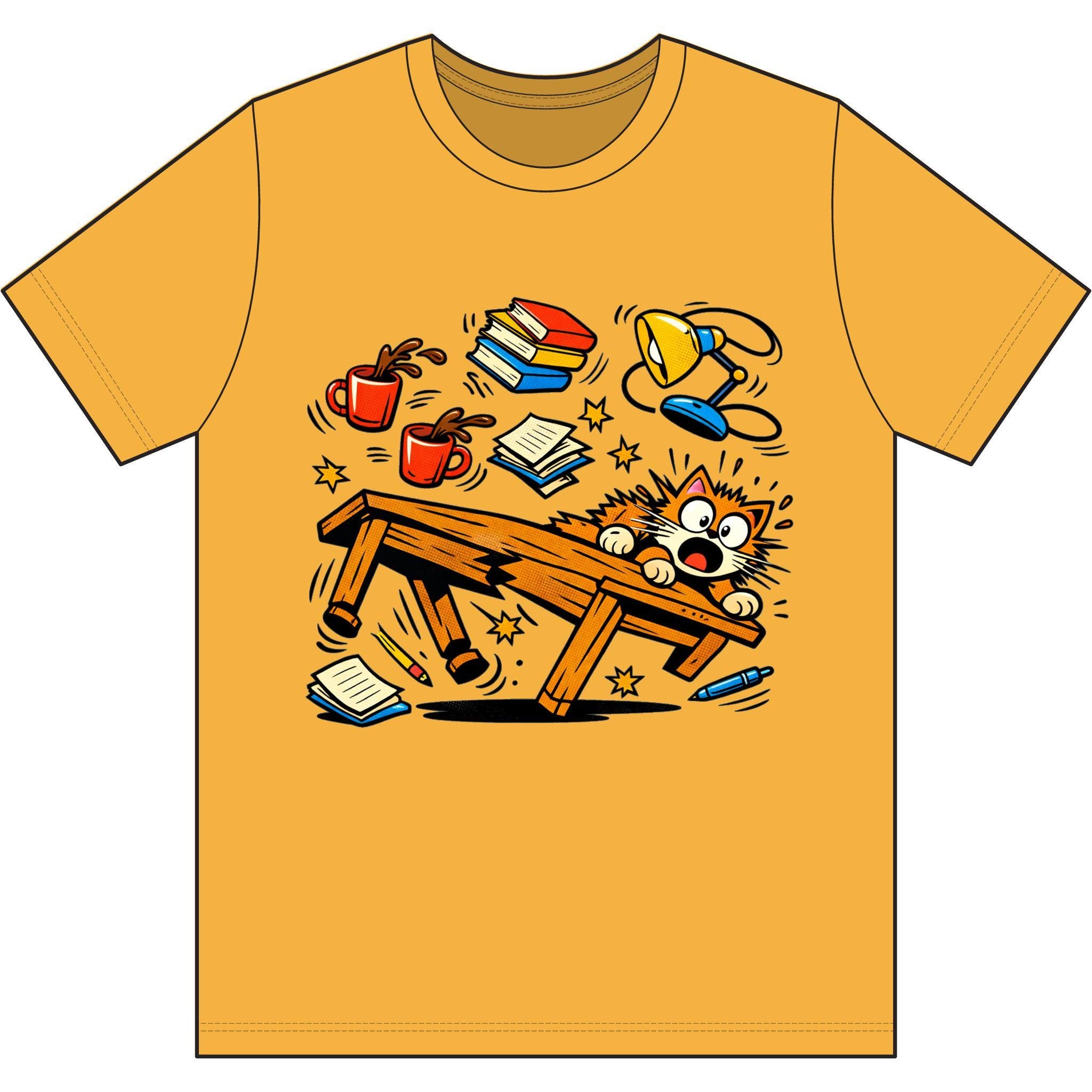 Clumsy Cat Toppling Desk T-Shirt | Falling Books, Coffee, Lamp