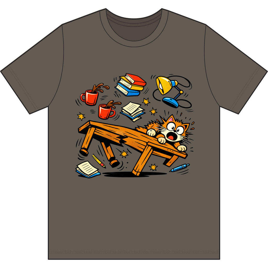 Clumsy Cat Toppling Desk T-Shirt | Falling Books, Coffee, Lamp