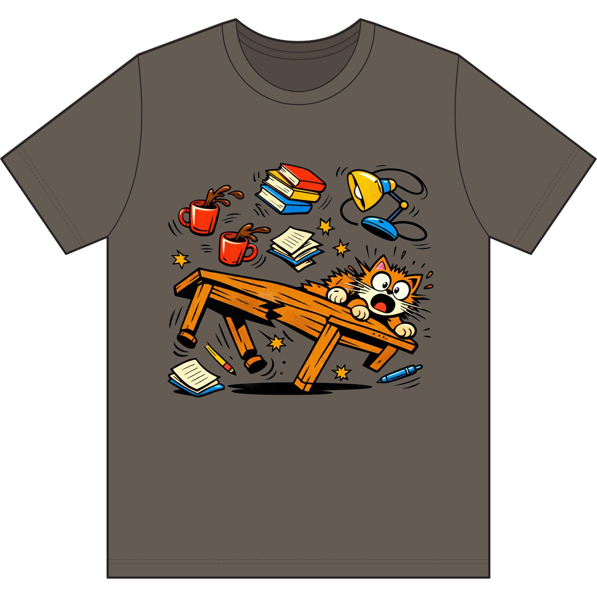 Clumsy Cat Toppling Desk T-Shirt | Falling Books, Coffee, Lamp