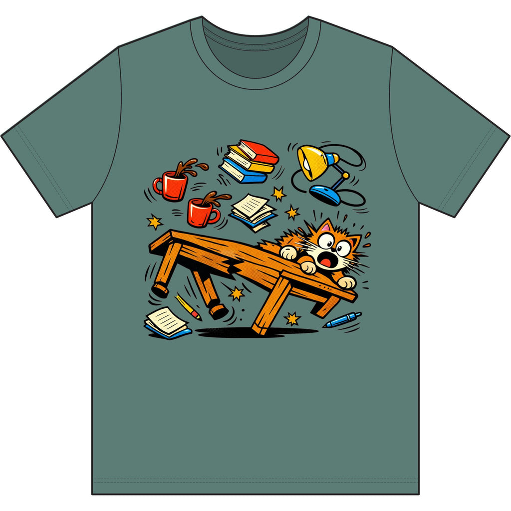 Clumsy Cat Toppling Desk T-Shirt | Falling Books, Coffee, Lamp