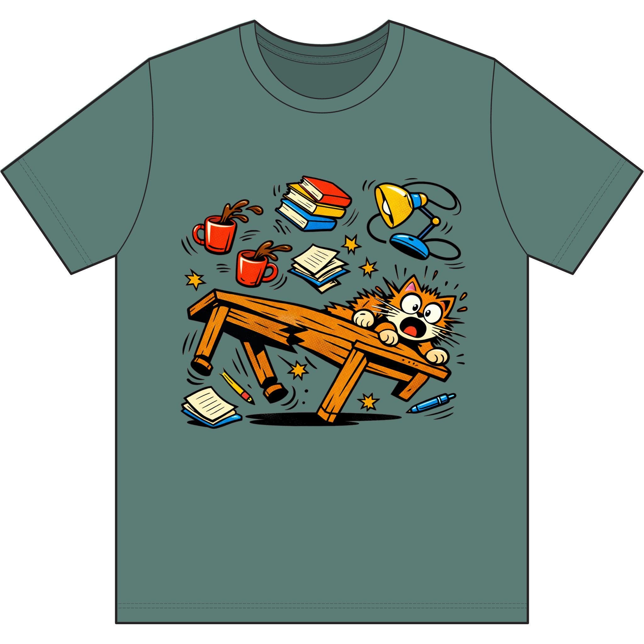 Clumsy Cat Toppling Desk T-Shirt | Falling Books, Coffee, Lamp