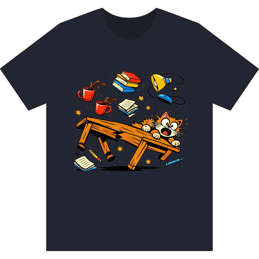 Clumsy Cat Toppling Desk T-Shirt | Falling Books, Coffee, Lamp
