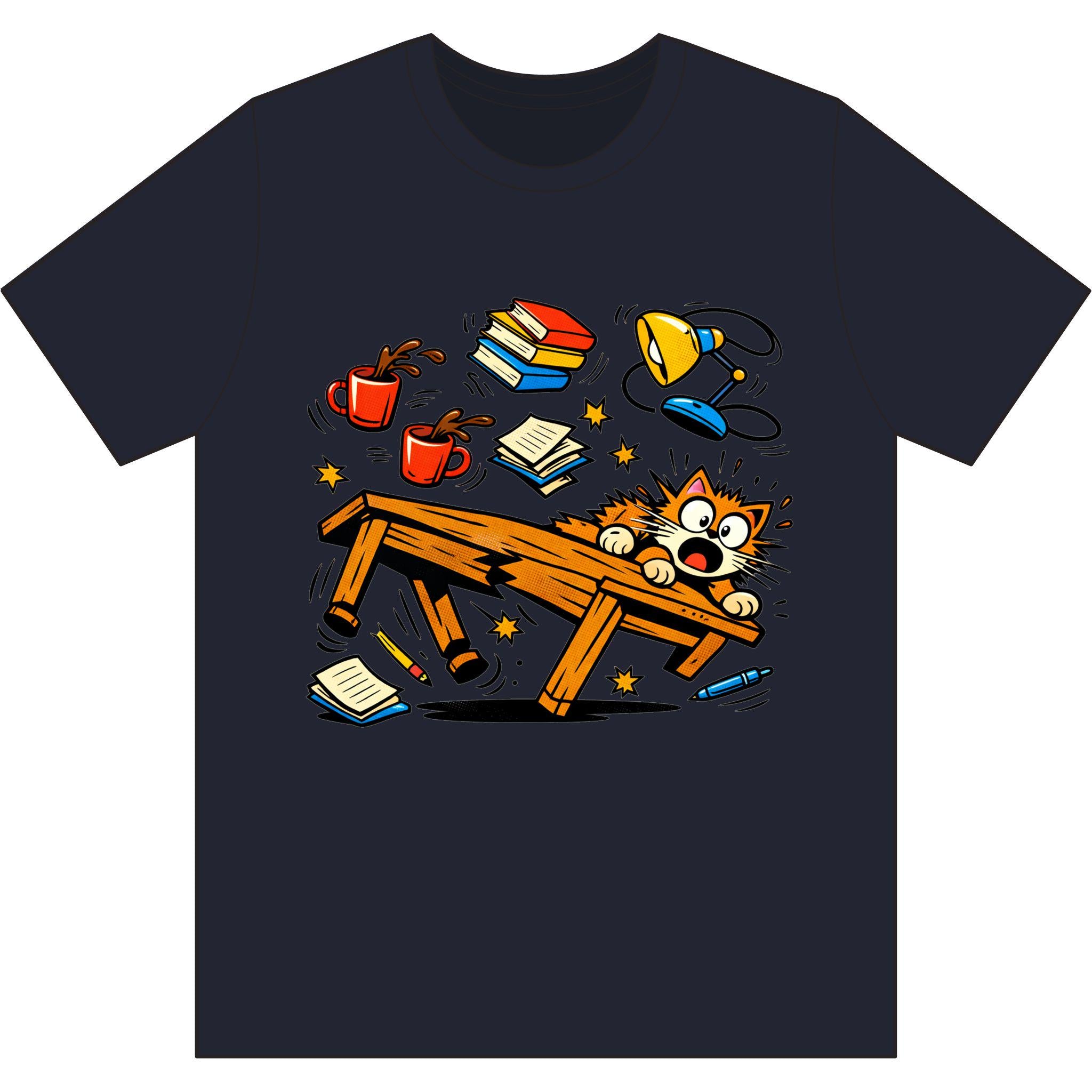 Clumsy Cat Toppling Desk T-Shirt | Falling Books, Coffee, Lamp