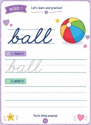 50 Easy Cursive Words for Kids Handwriting Practice Workbook (Digital Download)