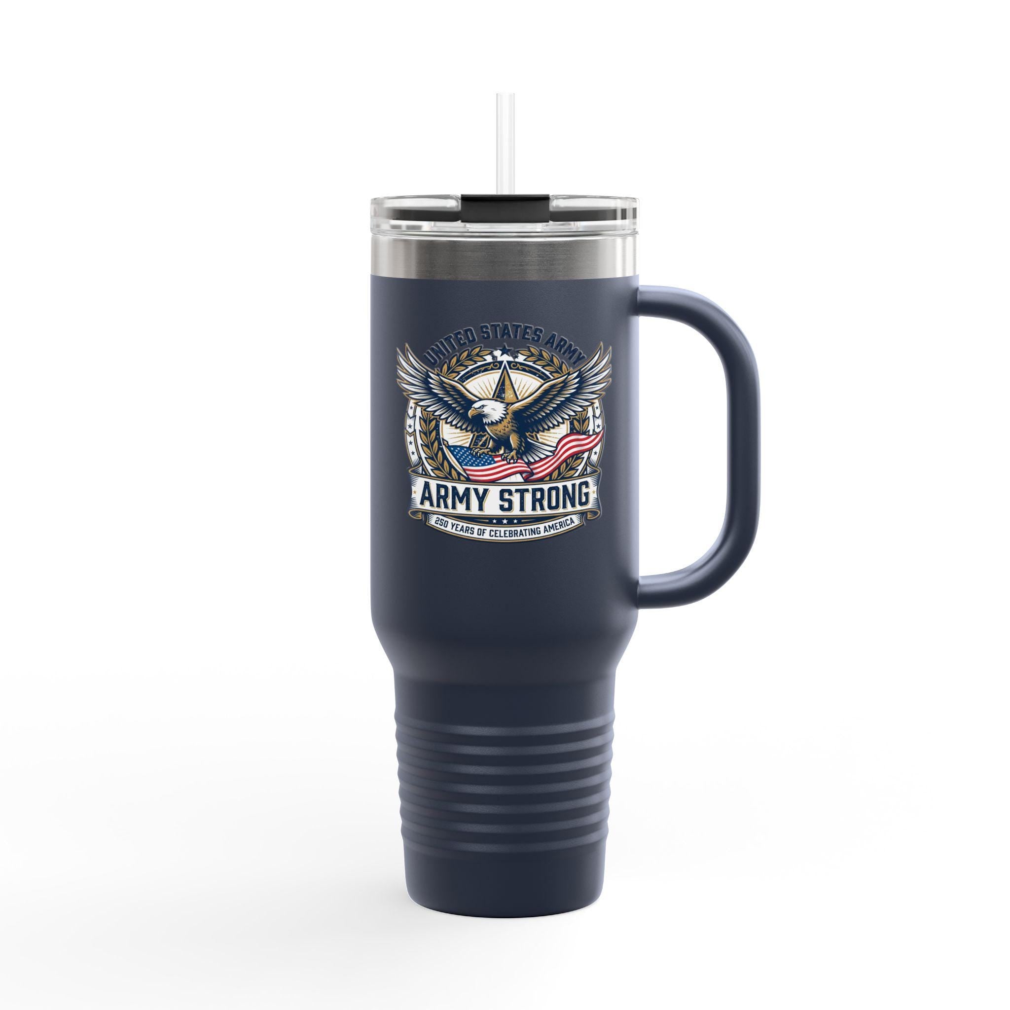Army Strong 40oz Insulated Travel Mug with Handle, Eagle Emblem Tumbler