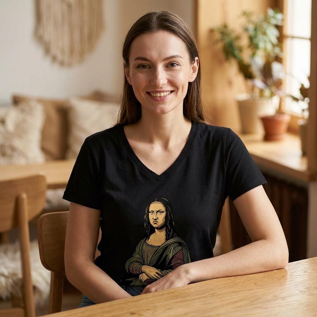 Grumpy Mona Lisa Tee | Renaissance Parody V-Neck Shirt