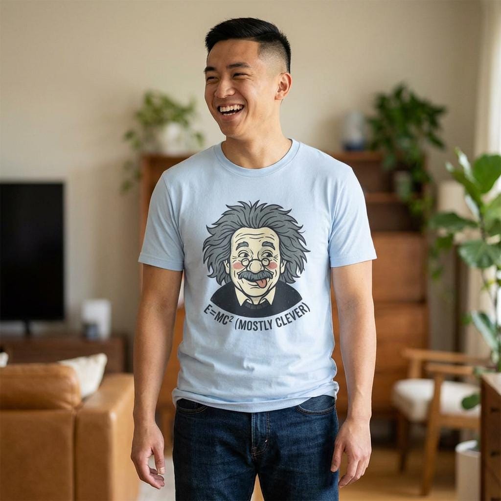 Einstein Cartoon Face T-Shirt | E=MC (Mostly Clever)