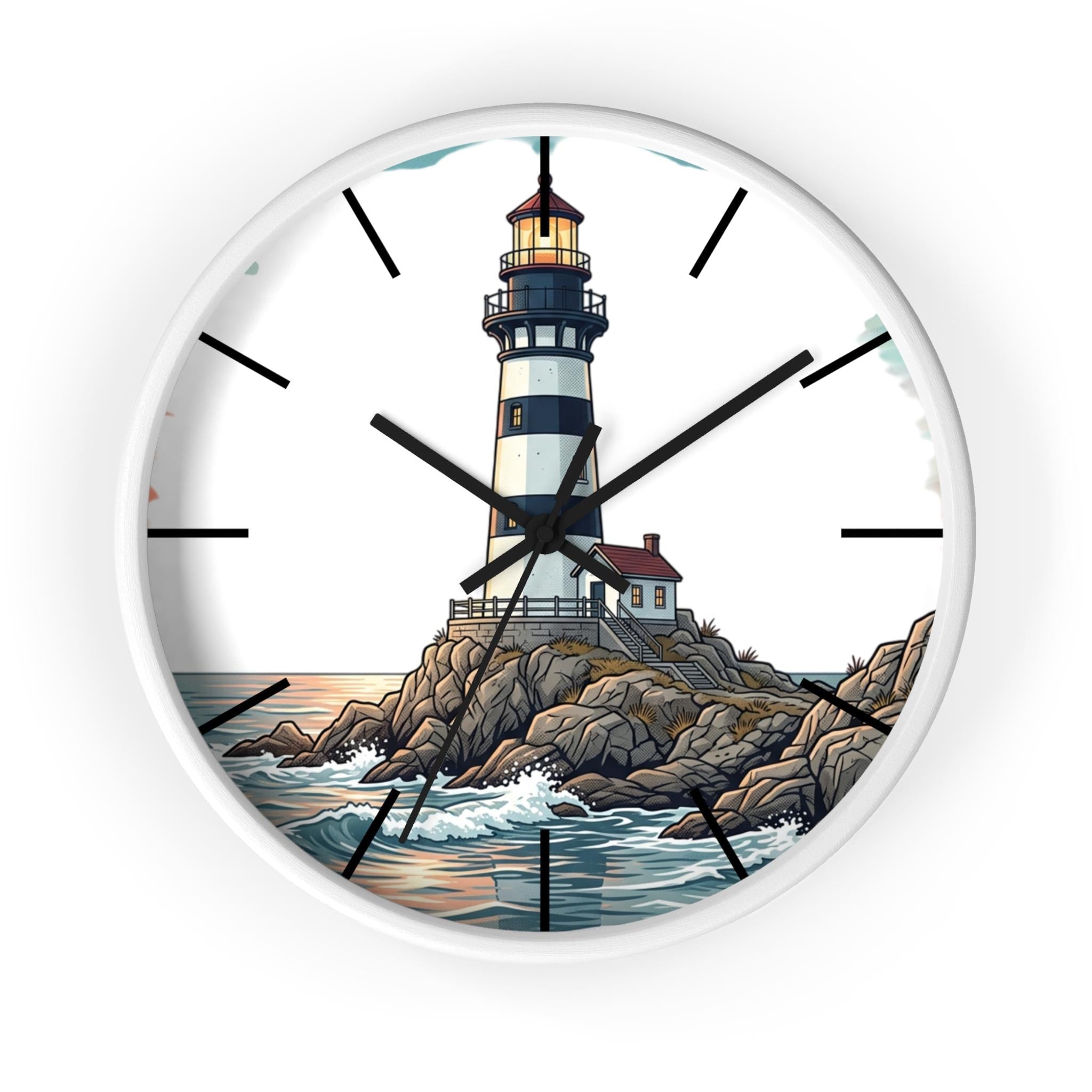 Lighthouse Illustration Wall Clock | Coastal Nautical Decor, Ocean Harbor Scene