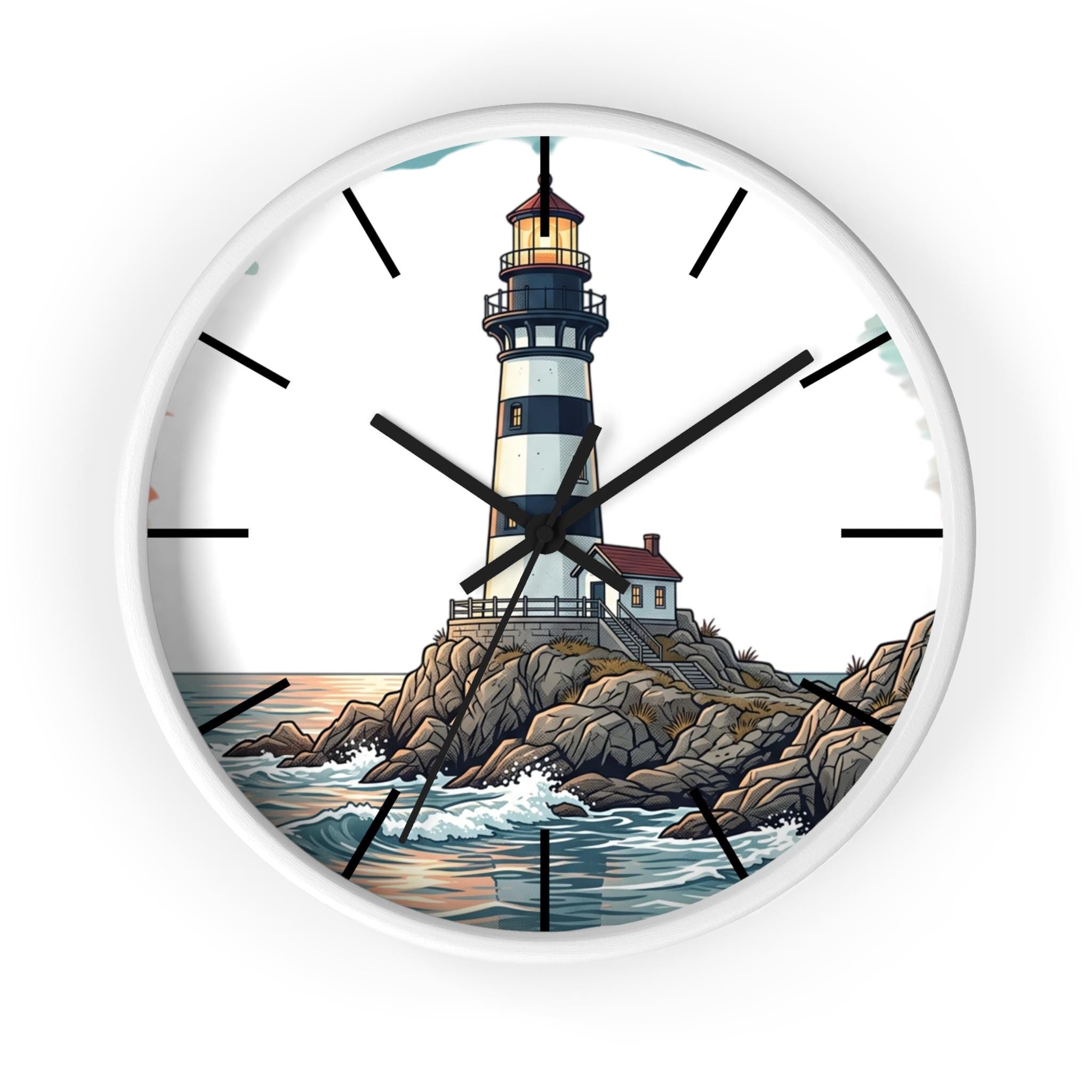 Lighthouse Illustration Wall Clock, Coastal Decor, Silent Mechanism, 10 Inch Plexiglass Face