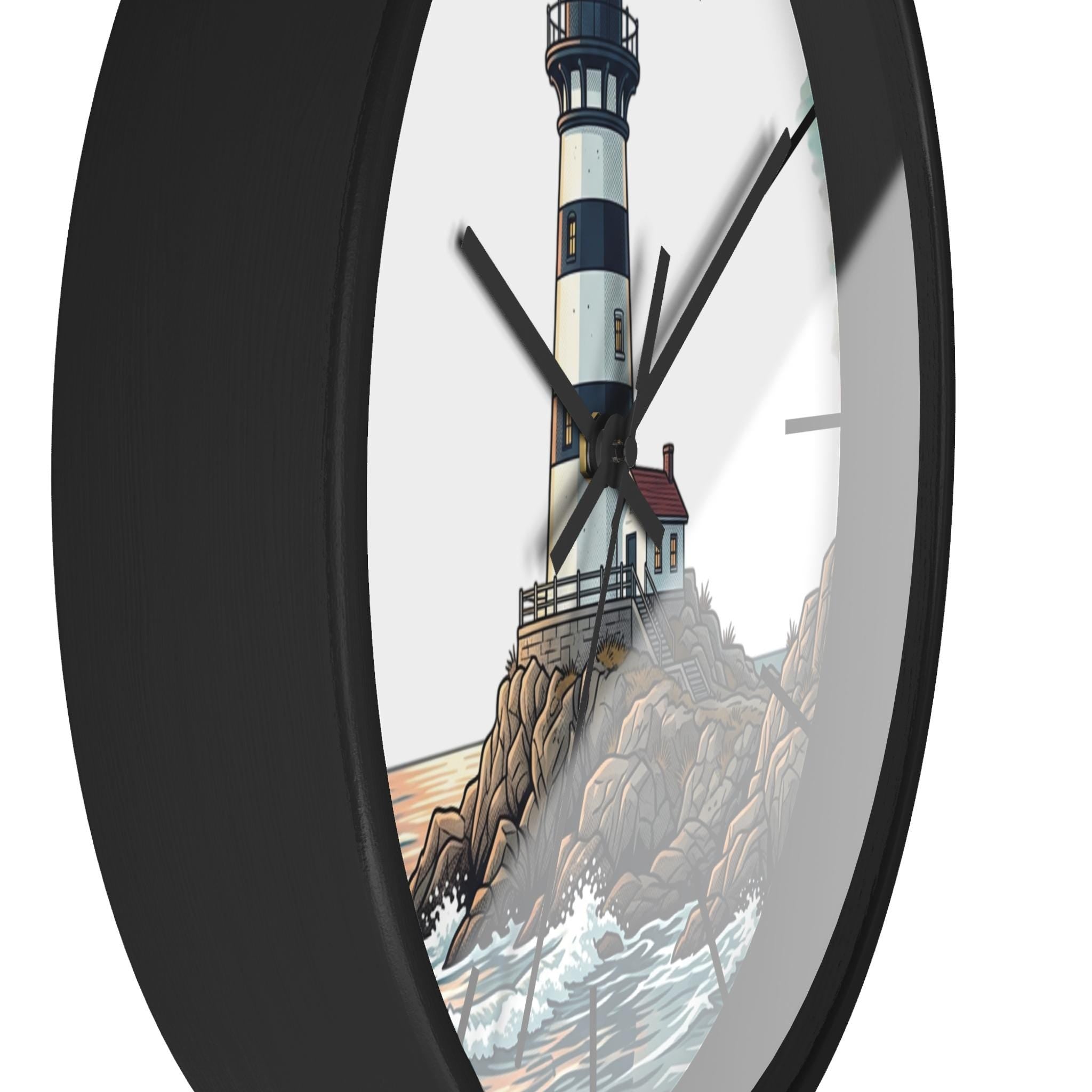 Lighthouse Illustration Wall Clock | Coastal Nautical Decor, Ocean Harbor Scene