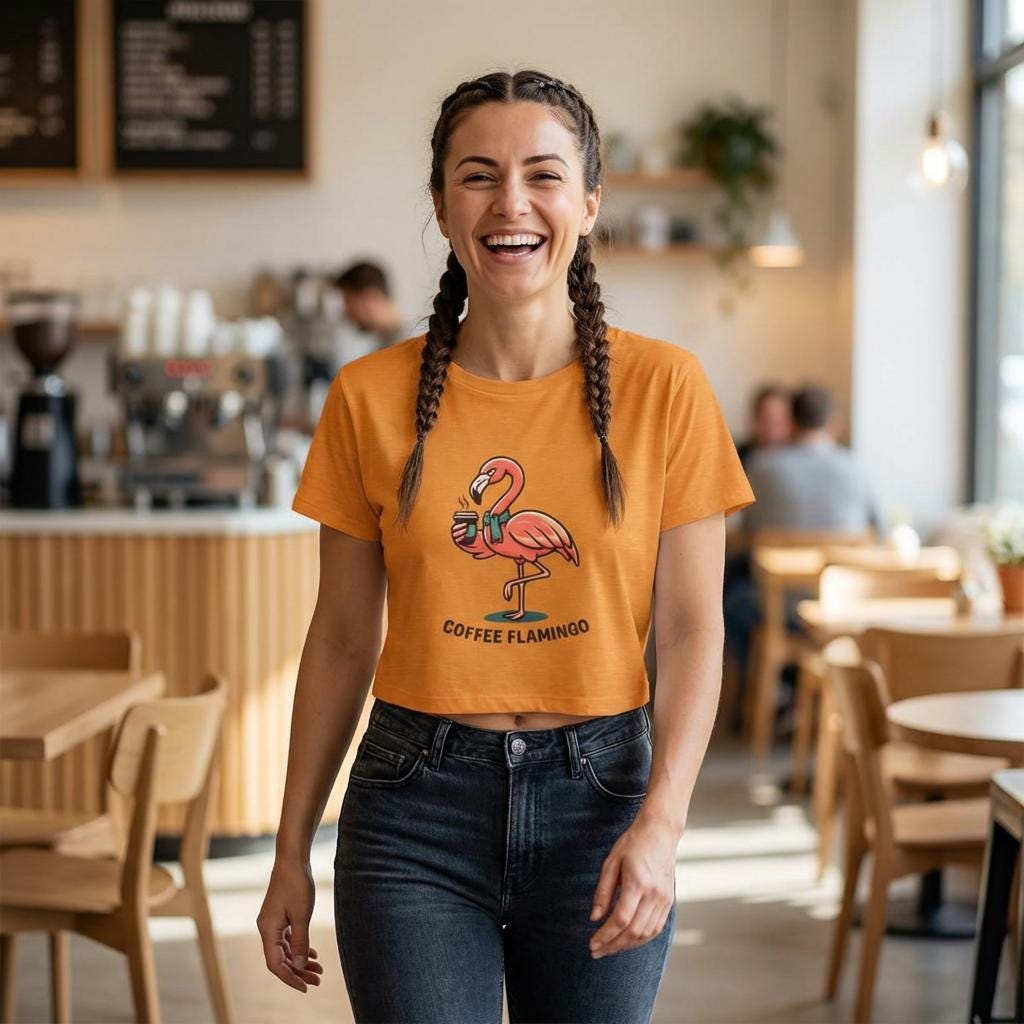 Coffee Flamingo Crop Top | Whimsical Tropical Graphic Tee