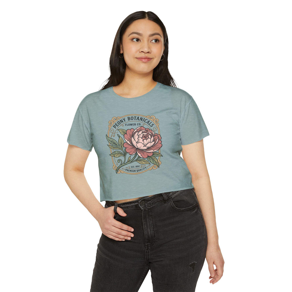 Peony Botanicals floral illustration Crop Top | Vintage flower label tee