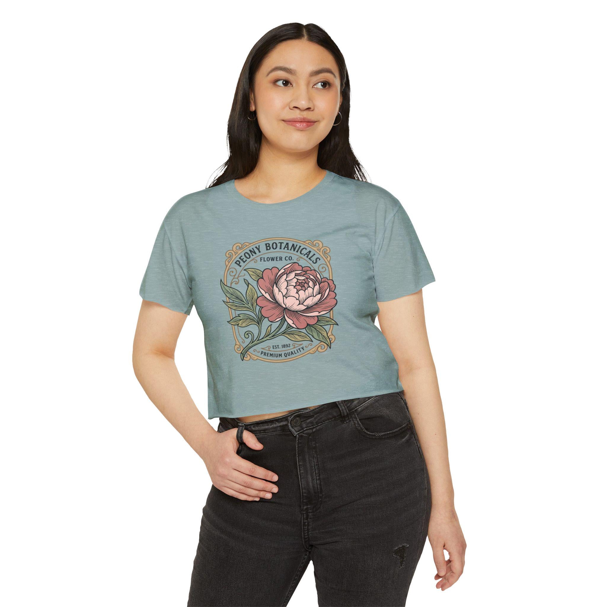 Peony Botanicals floral illustration Crop Top | Vintage flower label tee