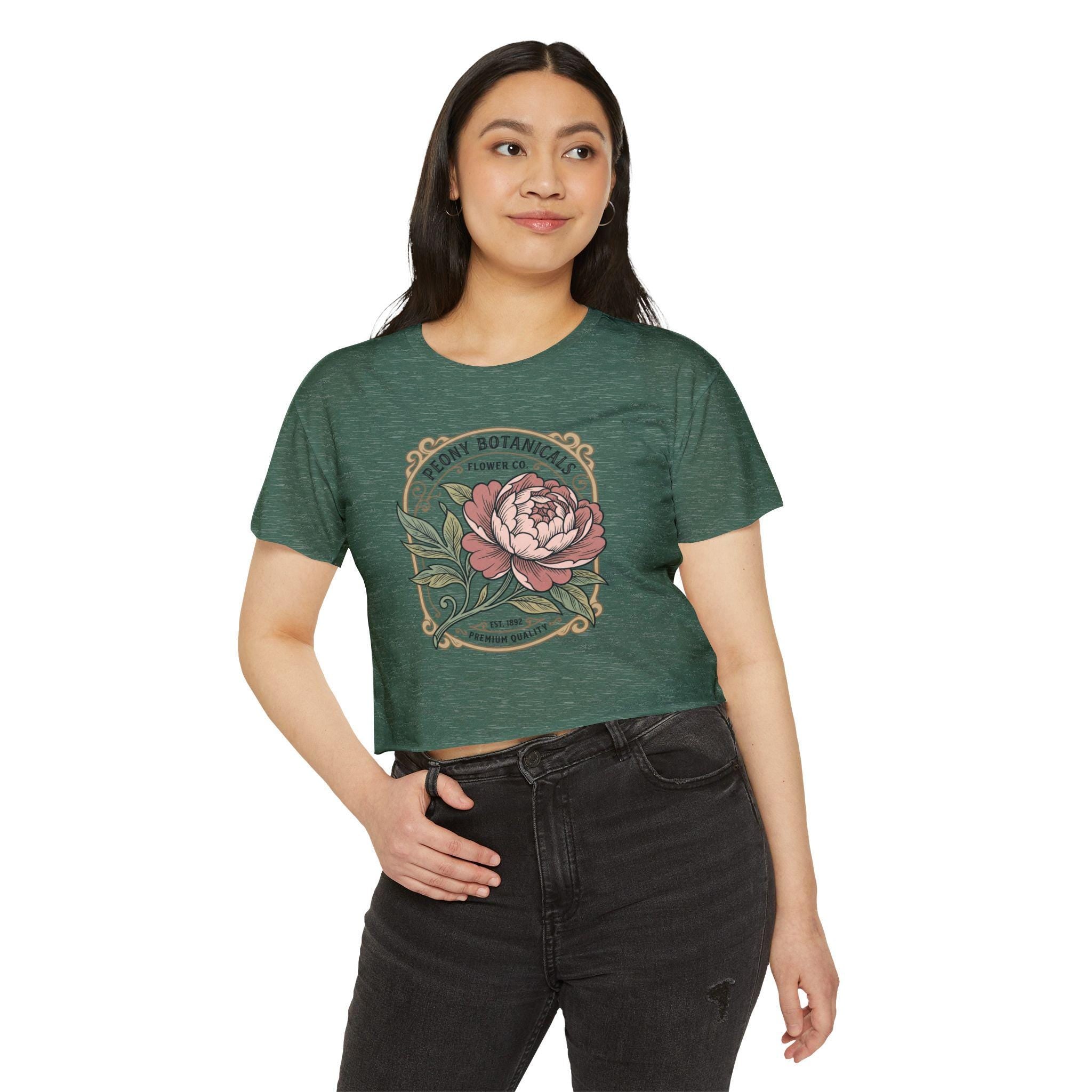 Peony Botanicals floral illustration Crop Top | Vintage flower label tee
