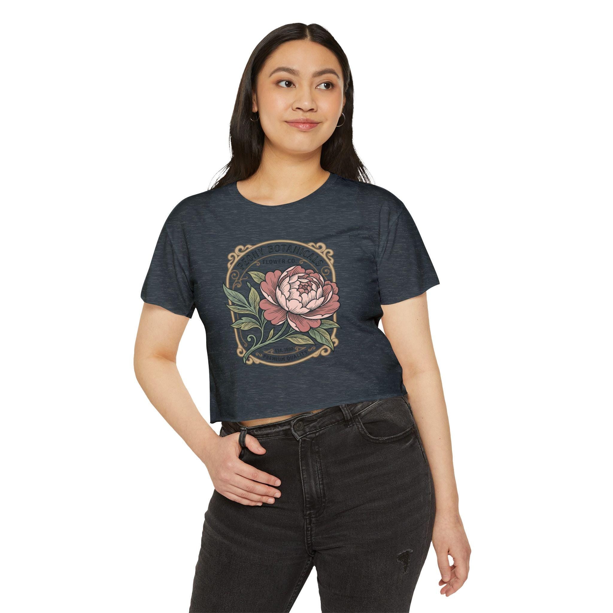 Peony Botanicals floral illustration Crop Top | Vintage flower label tee
