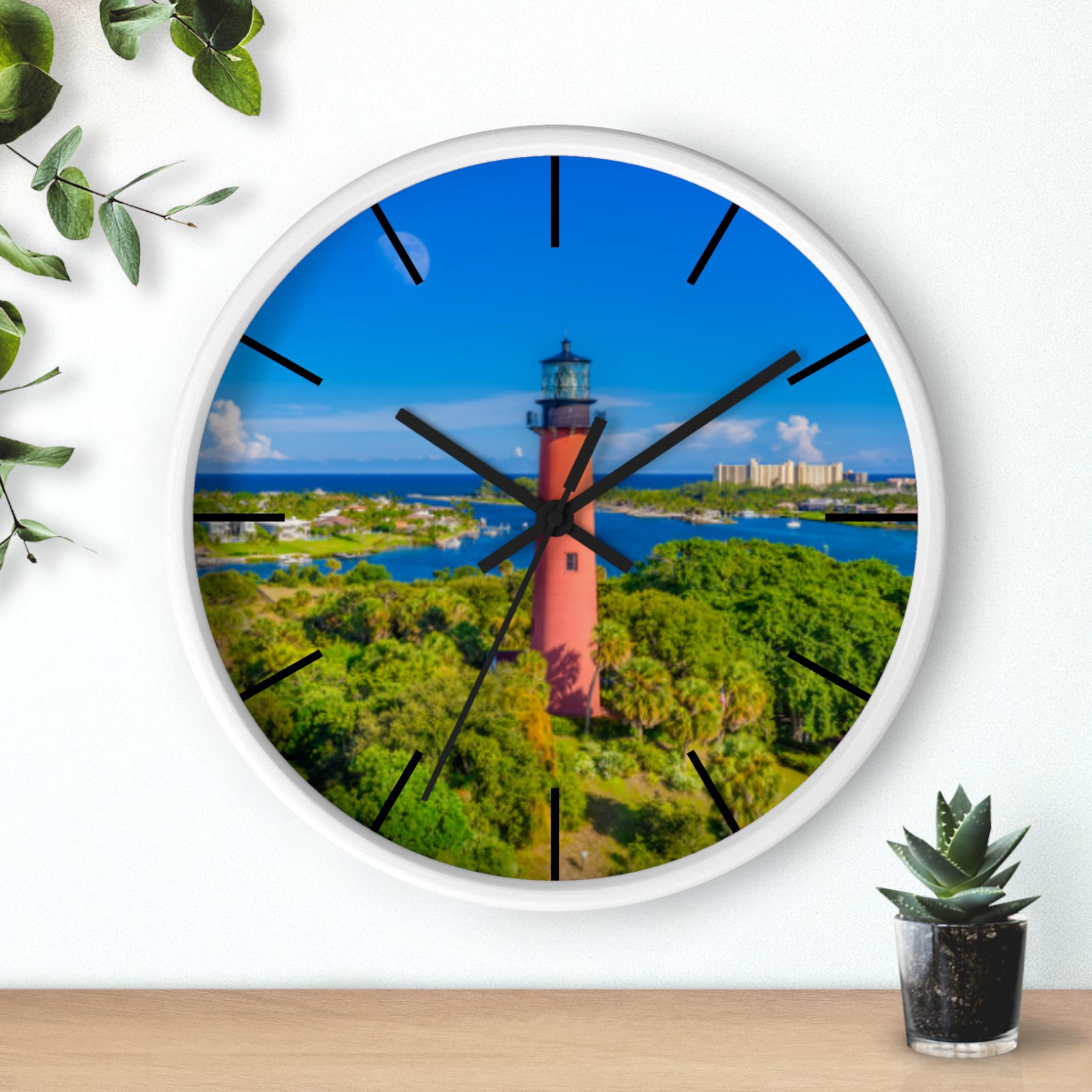 Jupiter Inlet Lighthouse Wooden Wall Clock, Coastal Nautical Decor, Beach House Timepiece