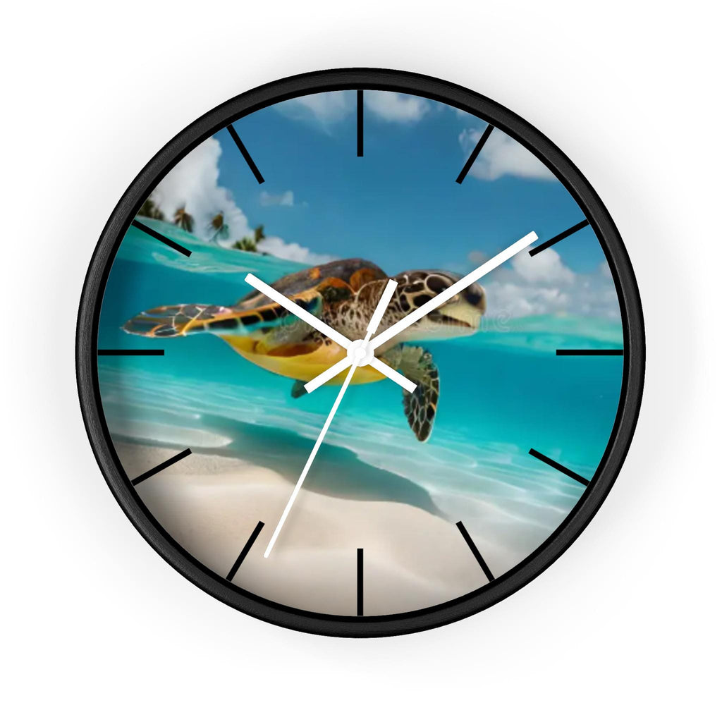 Sea Turtle Beach Scene Wall Clock, Tropical Ocean Coastal Decor, Silent Mechanism