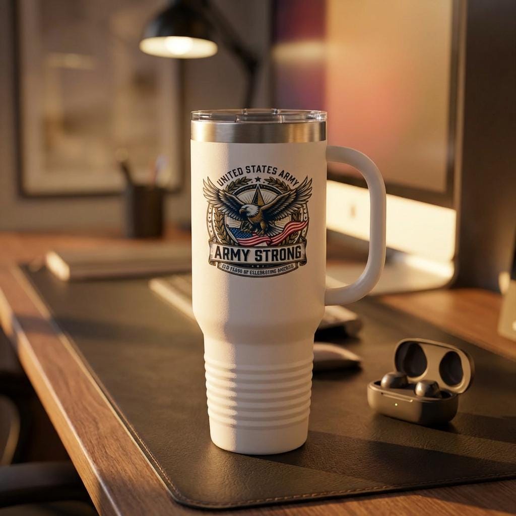 Army Strong 40oz Insulated Travel Mug with Handle, Eagle Emblem Tumbler