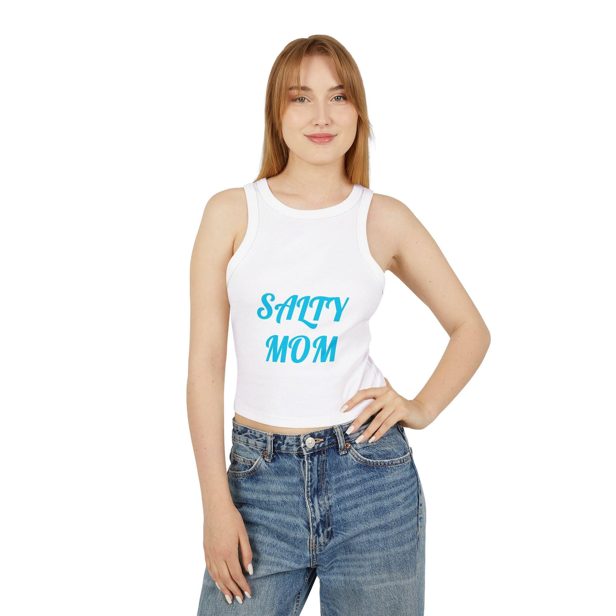 Salty Mom Racer Tank Top | Beachy Script Graphic, Fitted Cut