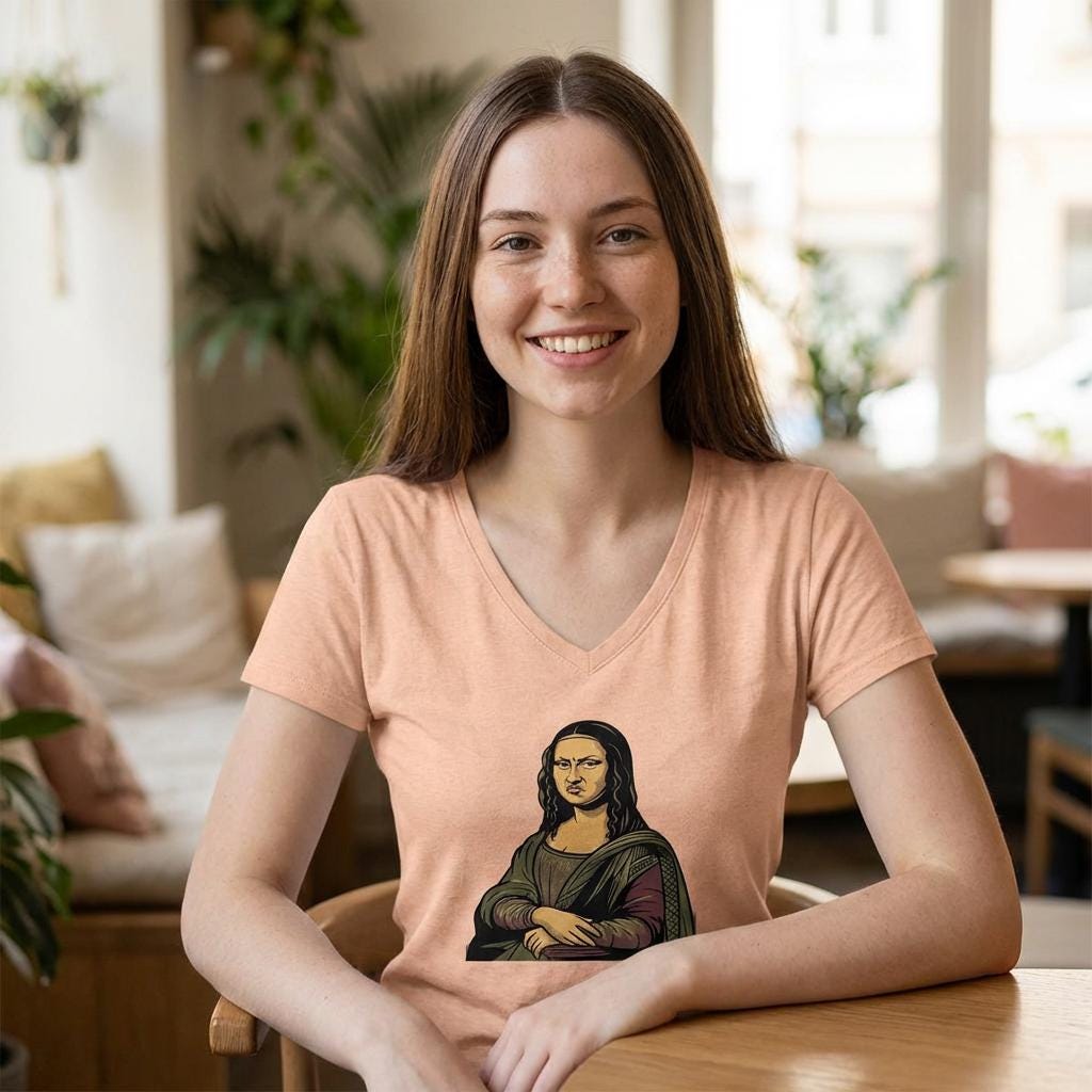 Grumpy Mona Lisa Tee | Renaissance Parody V-Neck Shirt