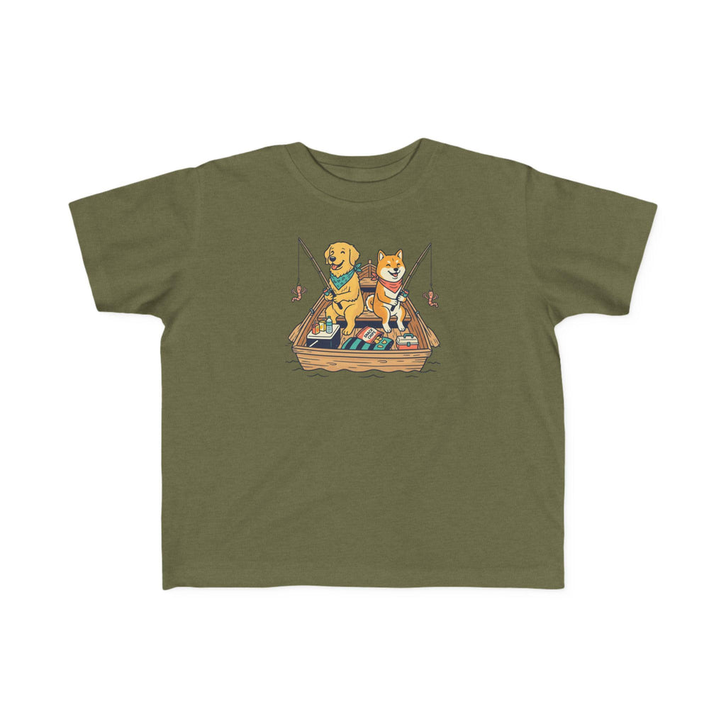 Two Dogs Fishing Toddler Tee | Cartoon Puppy Boat Shirt