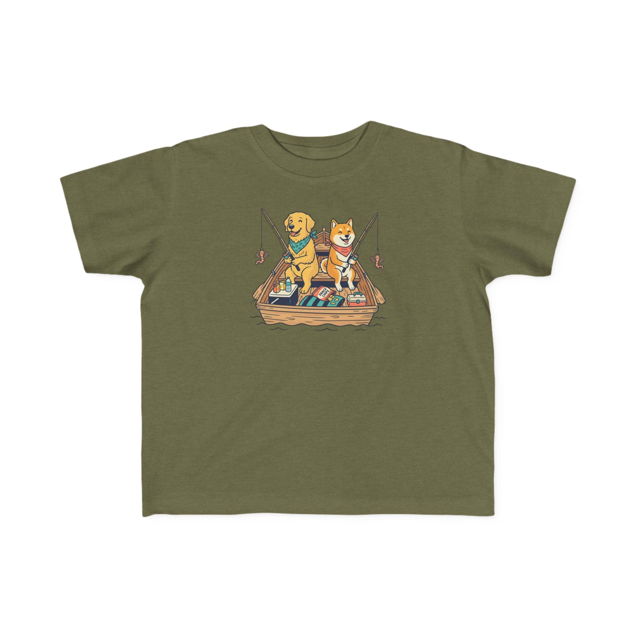 Two Dogs Fishing Toddler Tee | Cartoon Puppy Boat Shirt