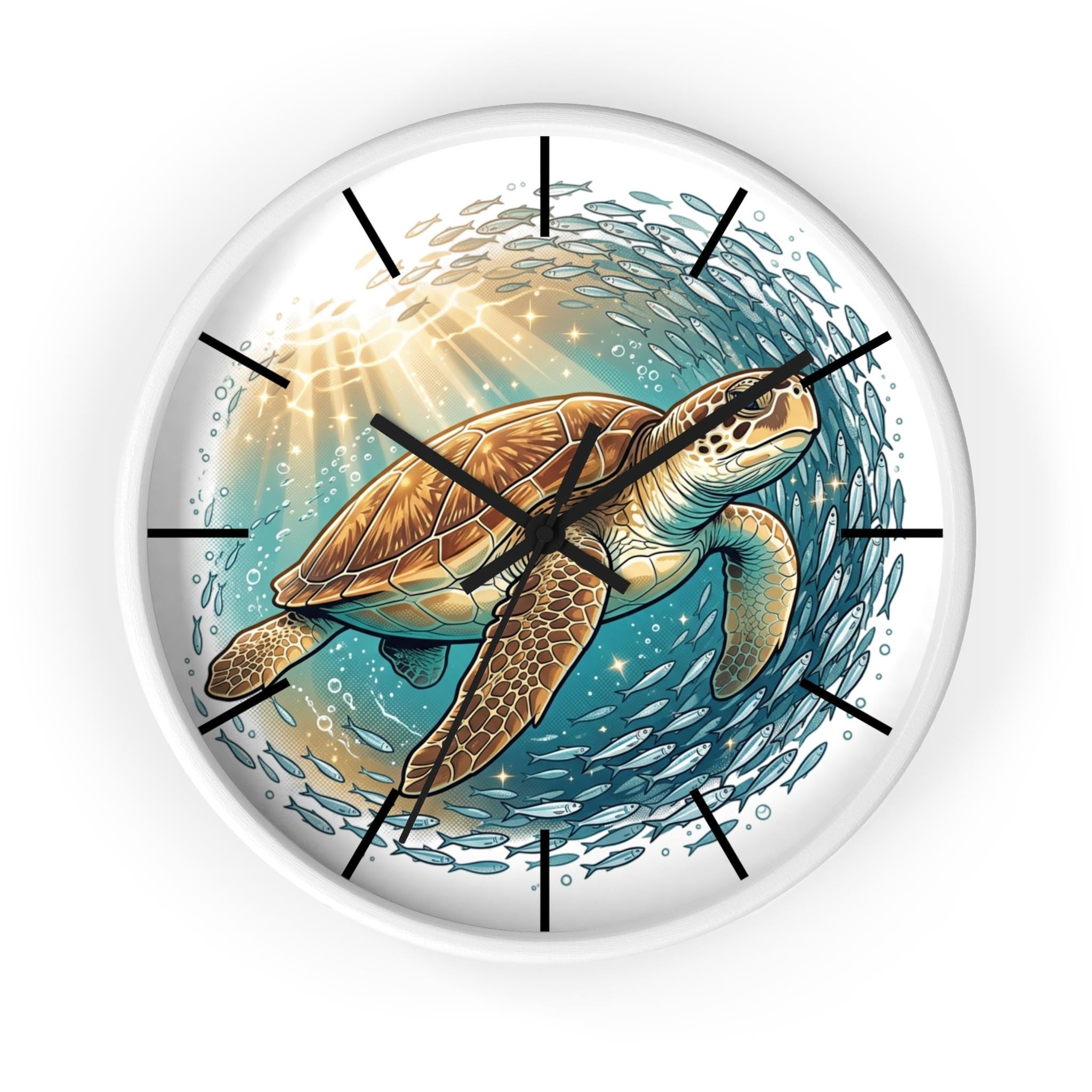 Sea Turtle Wall Clock, Ocean Life Coastal Decor, Silent Mechanism, 10 Inch Square